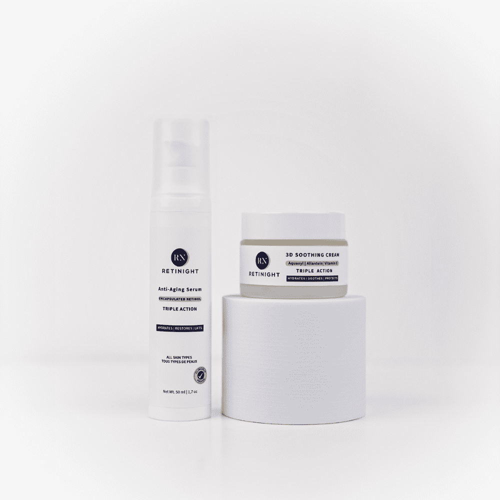 مجموعة RETINIGHT تعتمد على مصل الريتينول المغلف في كبسولات دقيقة وكريم الترطيب والمهدئ الذي يحتوي على الأرغان والجوجوبا والتين الشوكي.